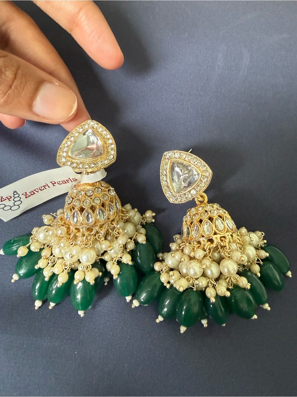 Green and Pearl Gold Jhumka Earrings